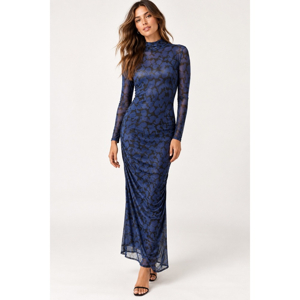 Evereve Pierre Mesh Dress Blue Multi Mock Neck Ruched Midi NWT Large